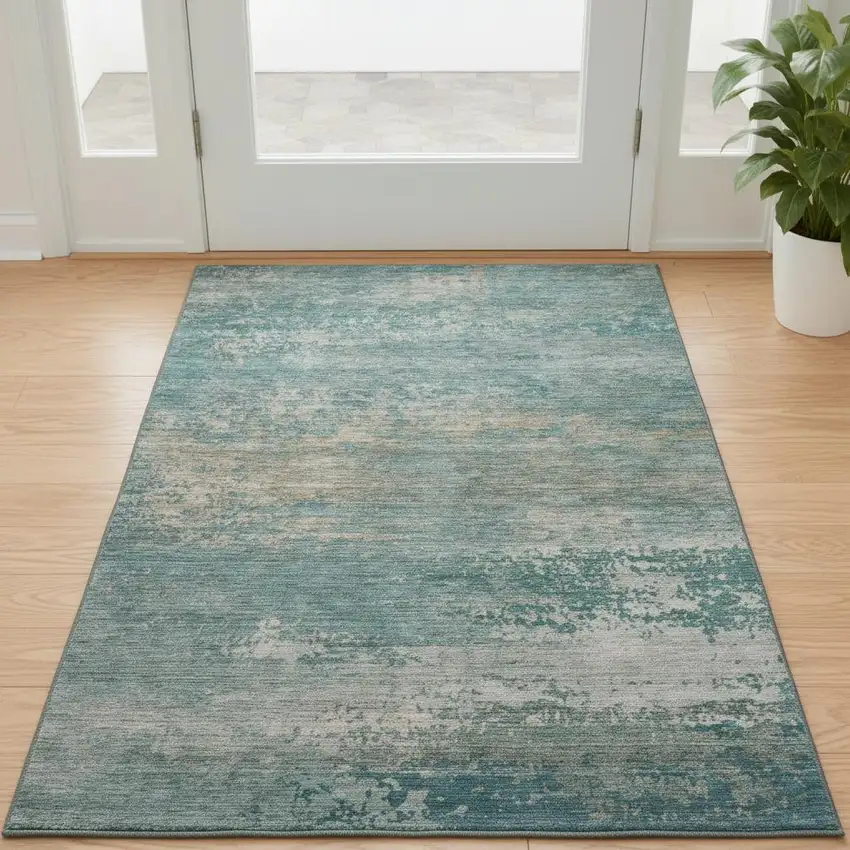 Aqua And Beige Abstract Washable Area Rug With UV Protection Photo 2