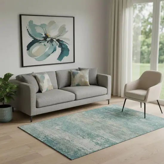 Aqua And Beige Abstract Washable Area Rug With UV Protection Photo 2