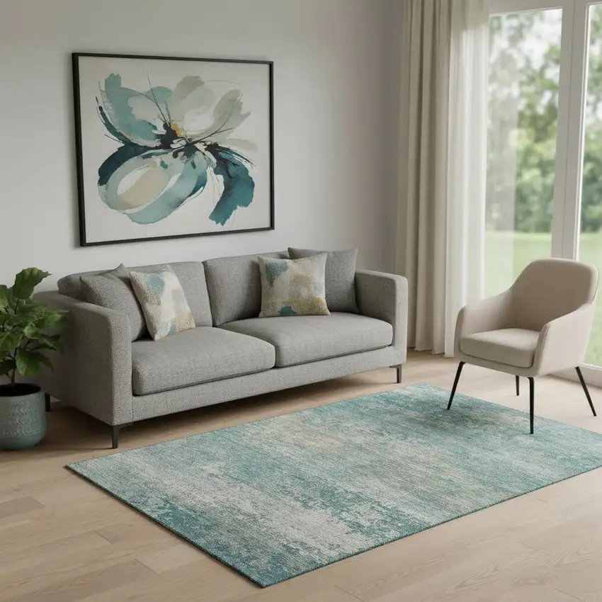 Aqua And Beige Abstract Washable Area Rug With UV Protection Photo 2