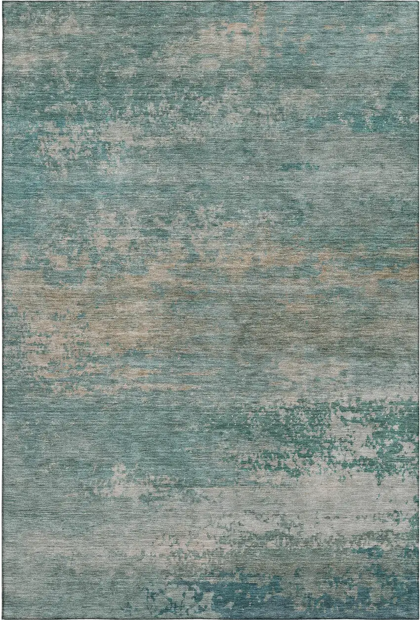 Aqua And Beige Abstract Washable Area Rug With UV Protection Photo 1