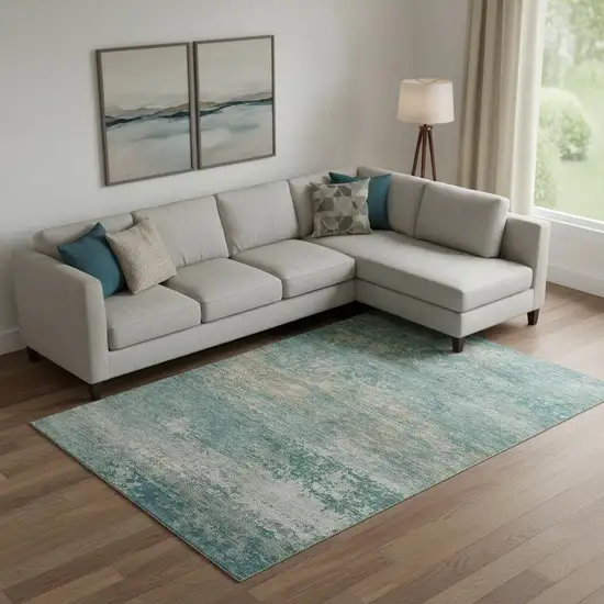 Aqua And Beige Abstract Washable Area Rug With UV Protection Photo 2