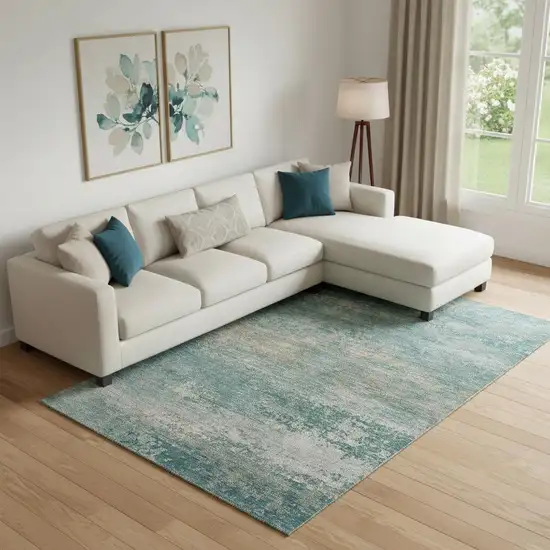 Aqua And Beige Abstract Washable Area Rug With UV Protection Photo 2