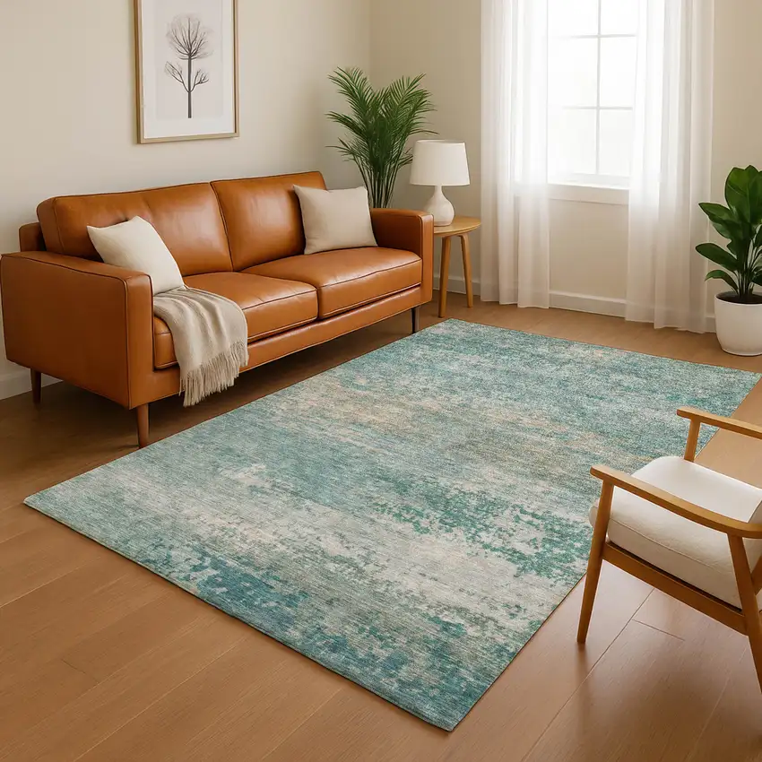 Aqua And Beige Abstract Washable Area Rug With UV Protection Photo 5