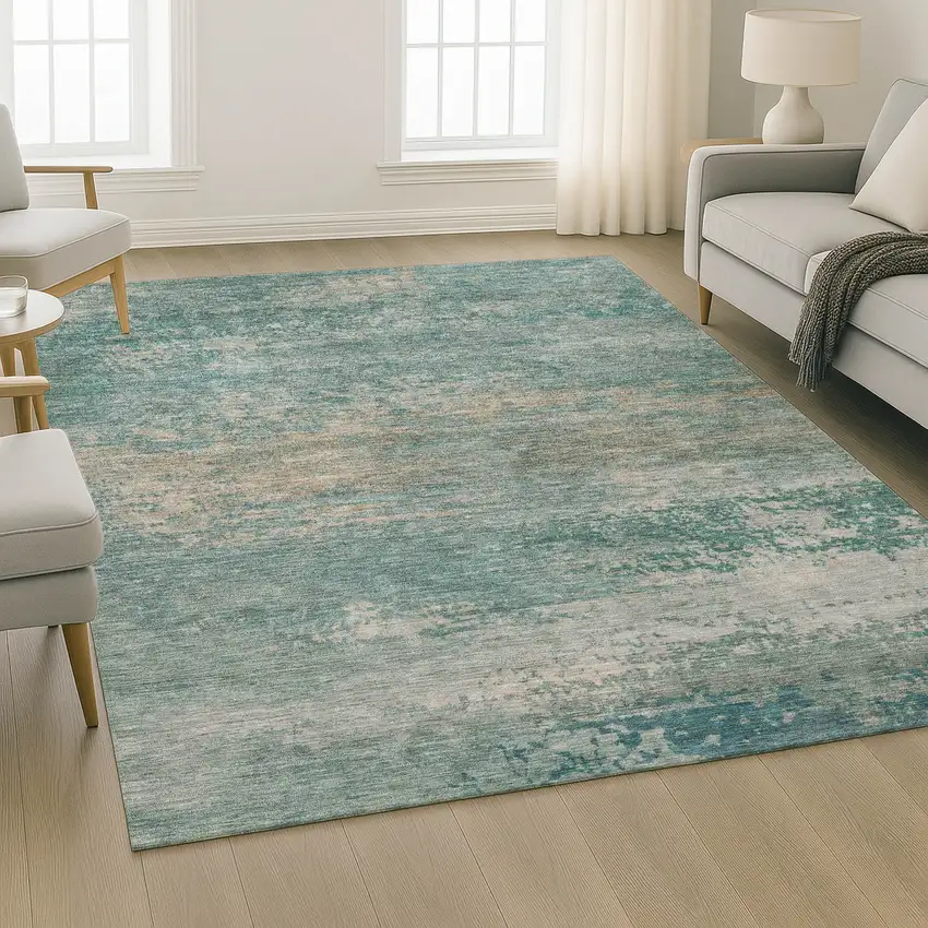Aqua And Beige Abstract Washable Area Rug With UV Protection Photo 6