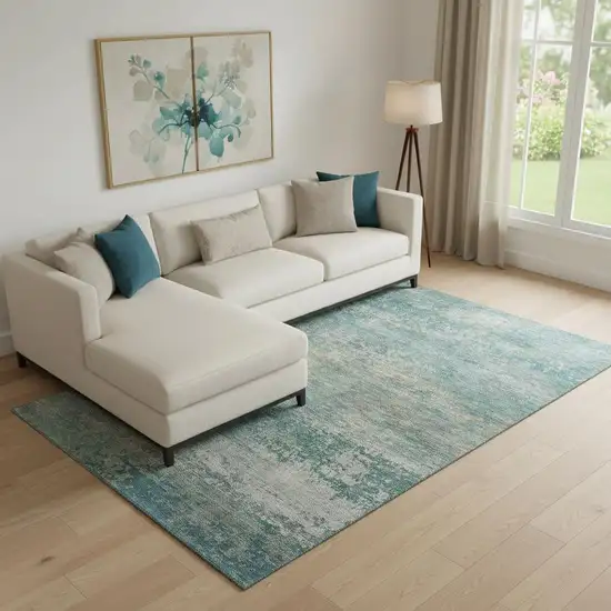 Aqua And Beige Abstract Washable Area Rug With UV Protection Photo 2