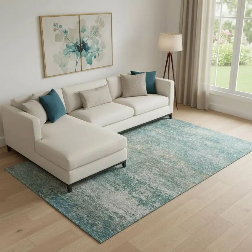 Aqua And Beige Abstract Washable Area Rug With UV Protection Photo 2