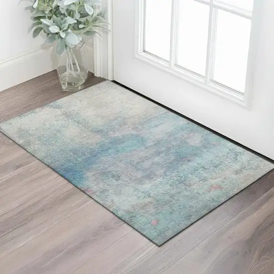 Aqua And Beige Abstract Washable Area Rug With UV Protection Photo 2