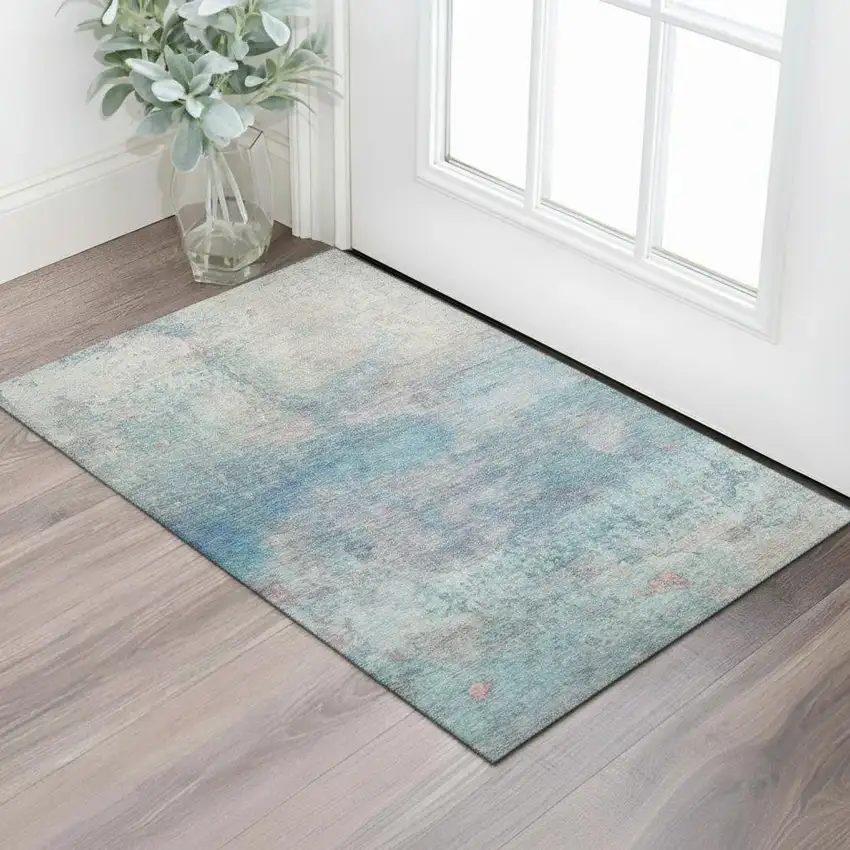 Aqua And Beige Abstract Washable Area Rug With UV Protection Photo 2