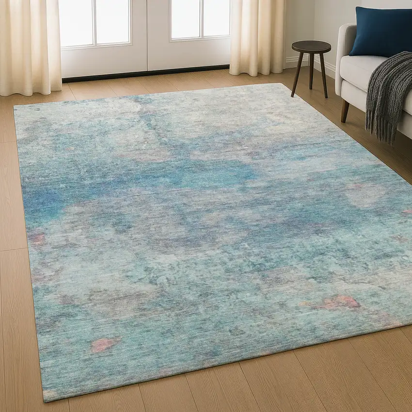 Aqua And Beige Abstract Washable Area Rug With UV Protection Photo 5