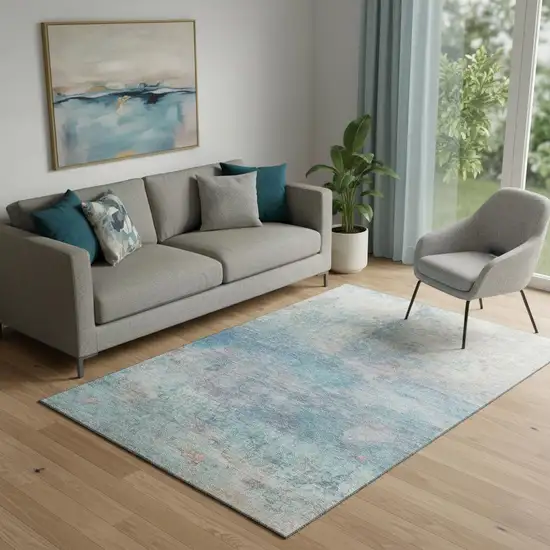Aqua And Beige Abstract Washable Area Rug With UV Protection Photo 2