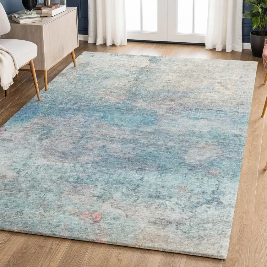 Aqua And Beige Abstract Washable Area Rug With UV Protection Photo 6