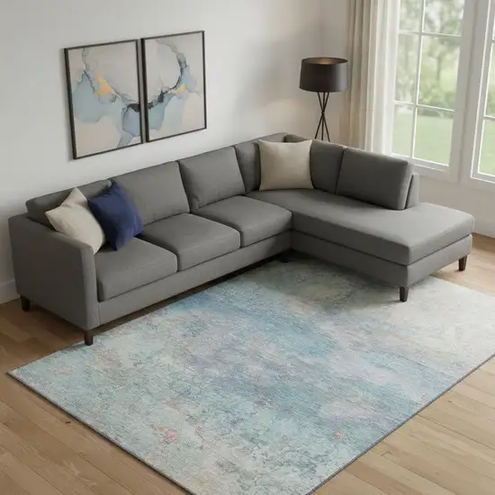 Aqua And Beige Abstract Washable Area Rug With UV Protection Photo 2