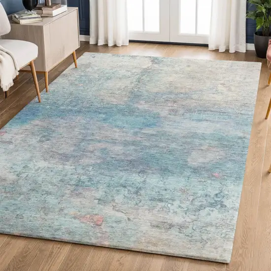 Aqua And Beige Abstract Washable Area Rug With UV Protection Photo 6