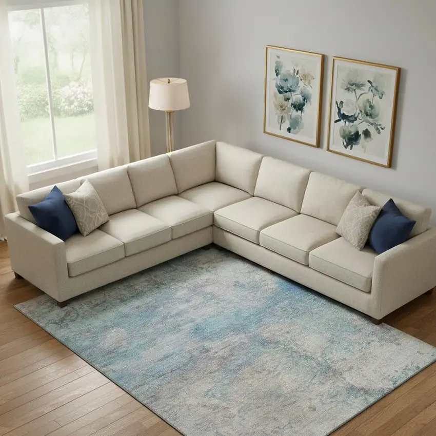 Aqua And Beige Abstract Washable Area Rug With UV Protection Photo 2