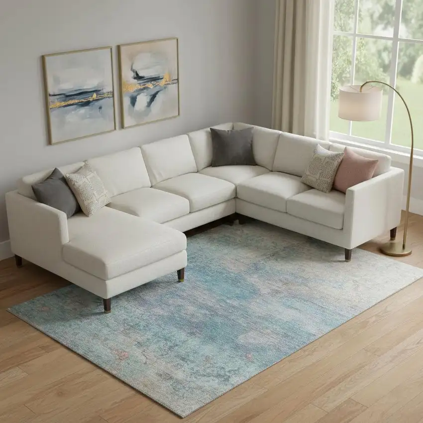 Aqua And Beige Abstract Washable Area Rug With UV Protection Photo 2