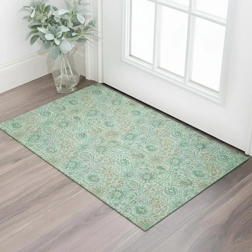 Aqua And Beige Floral Washable Area Rug With UV Protection Photo 2