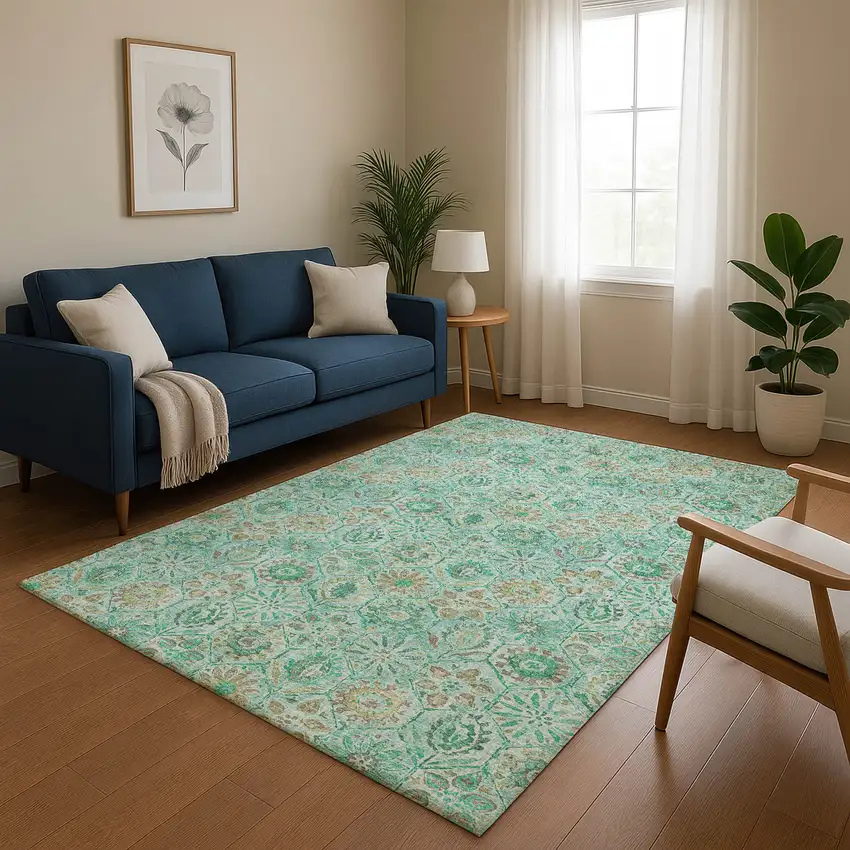 Aqua And Beige Floral Washable Area Rug With UV Protection Photo 4