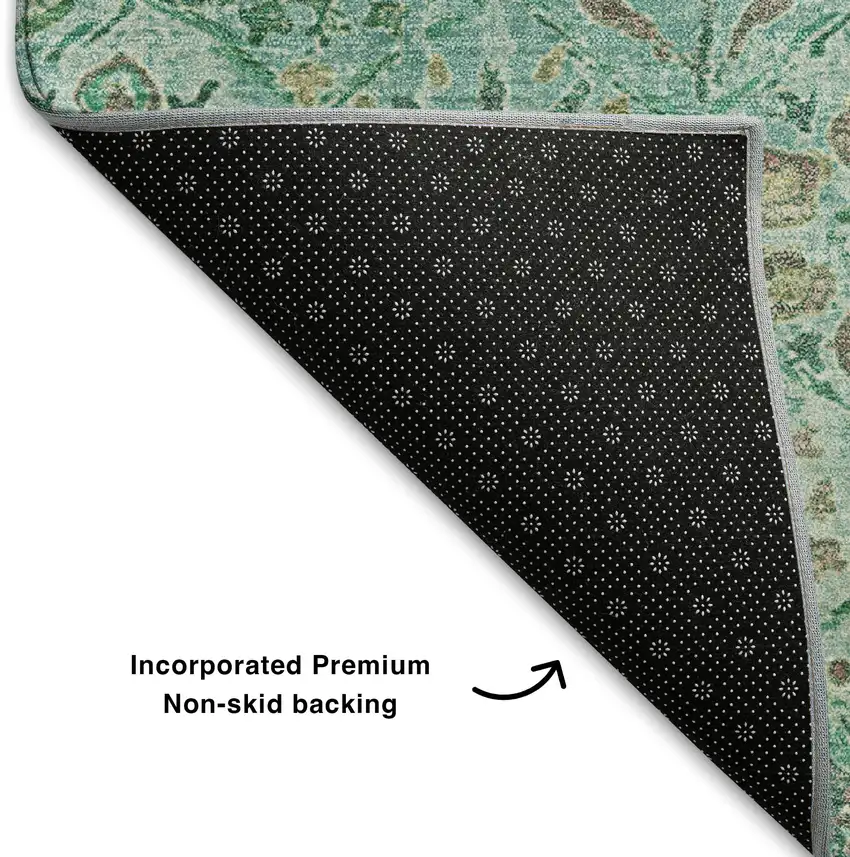 Aqua And Beige Floral Washable Area Rug With UV Protection Photo 6