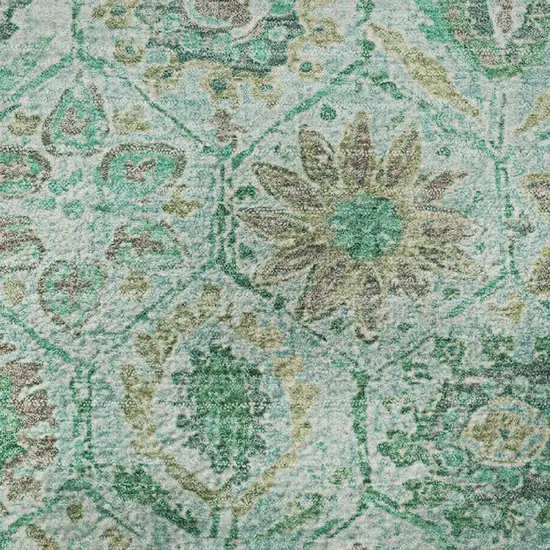 Aqua And Beige Floral Washable Area Rug With UV Protection Photo 9