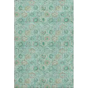 Photo of Aqua And Beige Floral Washable Area Rug With UV Protection