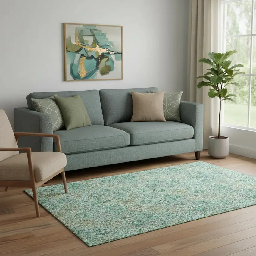 Aqua And Beige Floral Washable Area Rug With UV Protection Photo 2