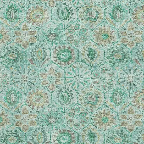 Aqua And Beige Floral Washable Area Rug With UV Protection Photo 3