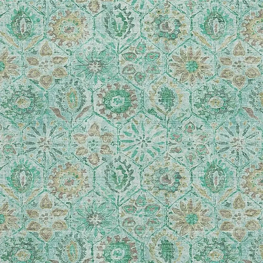 Aqua And Beige Floral Washable Area Rug With UV Protection Photo 3