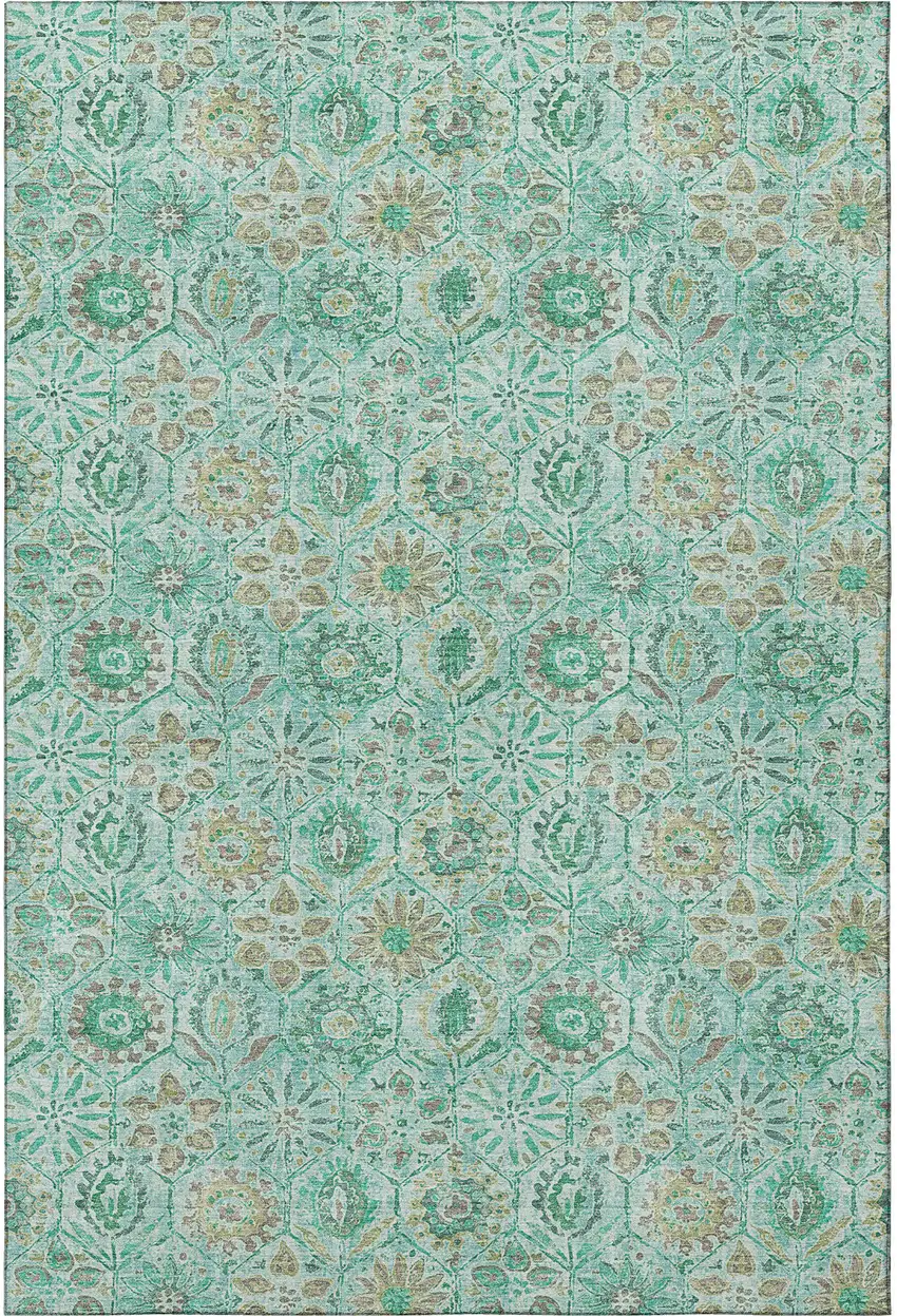Aqua And Beige Floral Washable Area Rug With UV Protection Photo 4