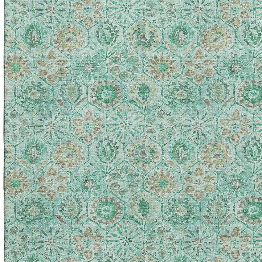 Aqua And Beige Floral Washable Area Rug With UV Protection Photo 4