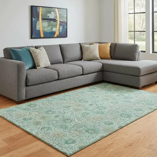 Aqua And Beige Floral Washable Area Rug With UV Protection Photo 2