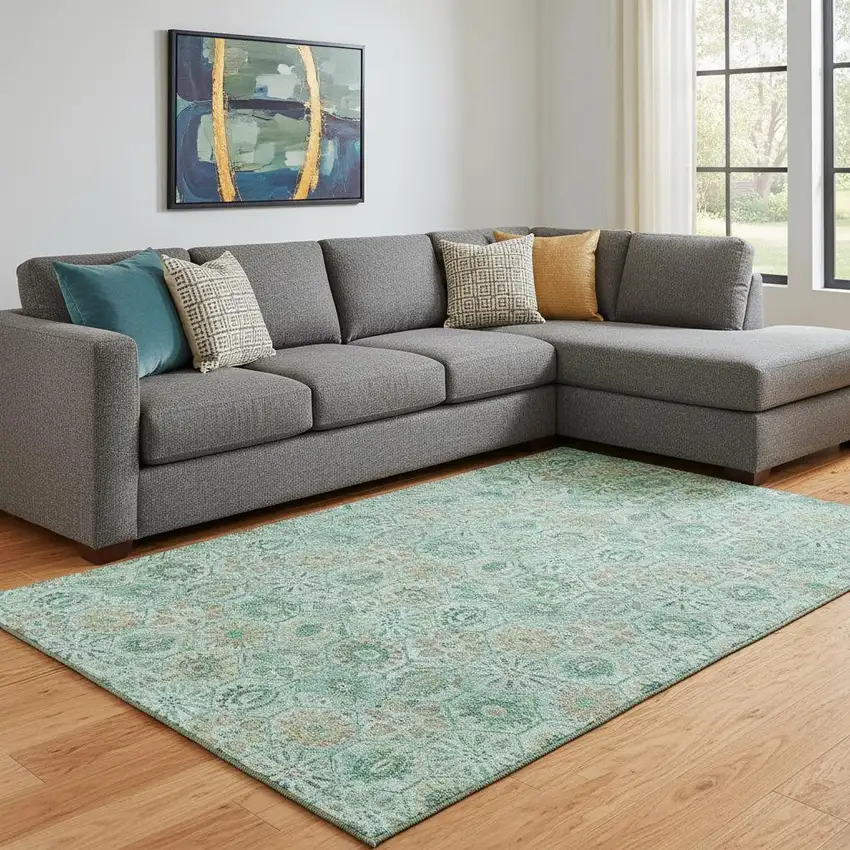 Aqua And Beige Floral Washable Area Rug With UV Protection Photo 2