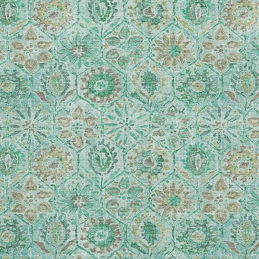 Aqua And Beige Floral Washable Area Rug With UV Protection Photo 3