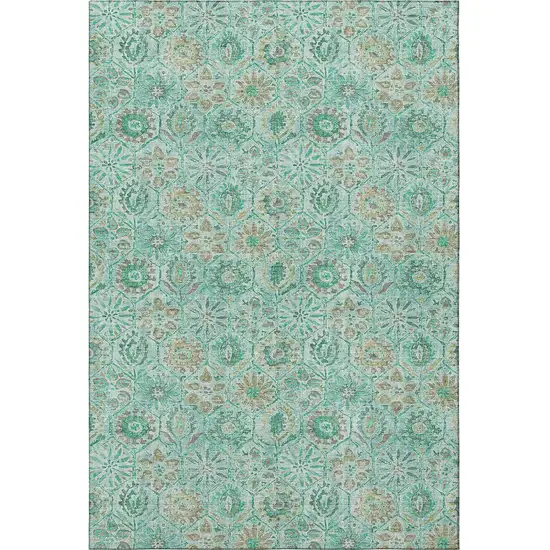 Aqua And Beige Floral Washable Area Rug With UV Protection Photo 3