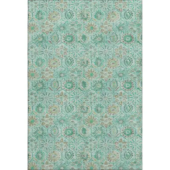 Aqua And Beige Floral Washable Area Rug With UV Protection Photo 1