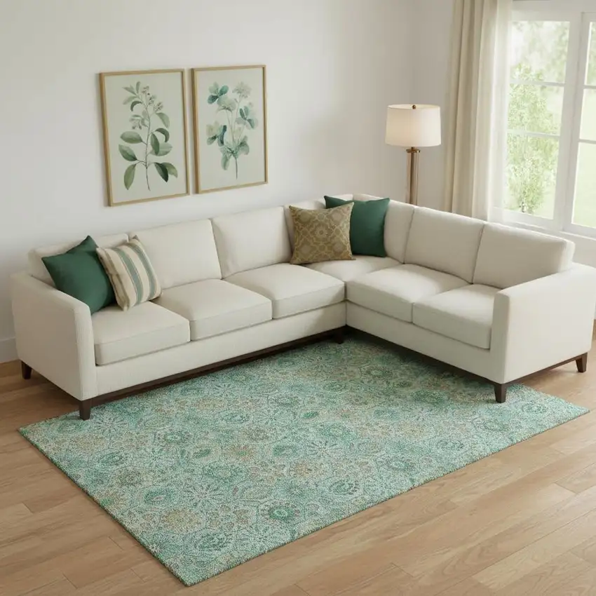 Aqua And Beige Floral Washable Area Rug With UV Protection Photo 2