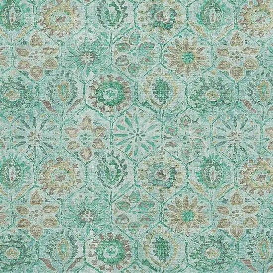 Aqua And Beige Floral Washable Area Rug With UV Protection Photo 3