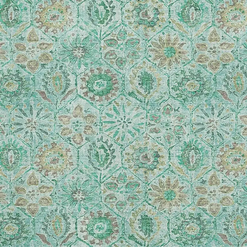 Aqua And Beige Floral Washable Area Rug With UV Protection Photo 3