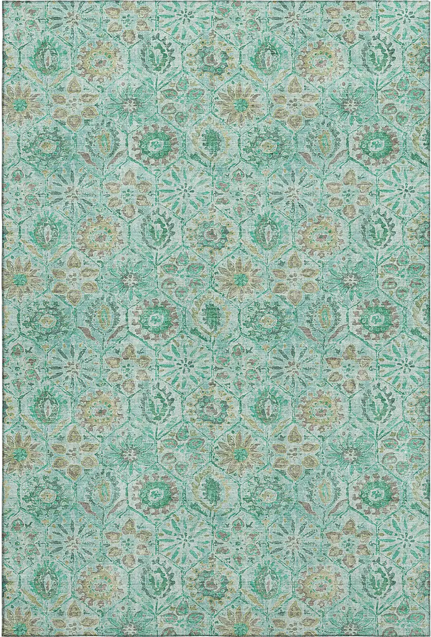 Aqua And Beige Floral Washable Area Rug With UV Protection Photo 1