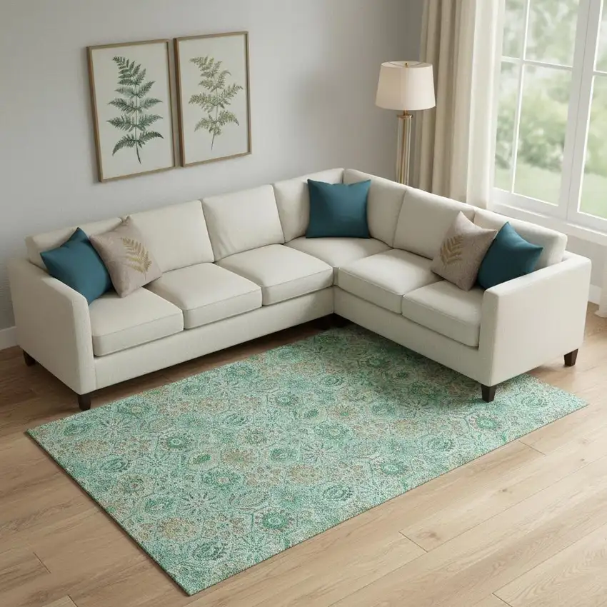 Aqua And Beige Floral Washable Area Rug With UV Protection Photo 2