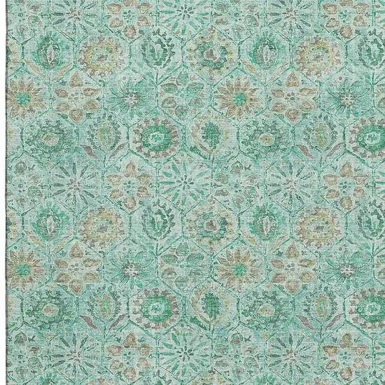 Aqua And Beige Floral Washable Area Rug With UV Protection Photo 4
