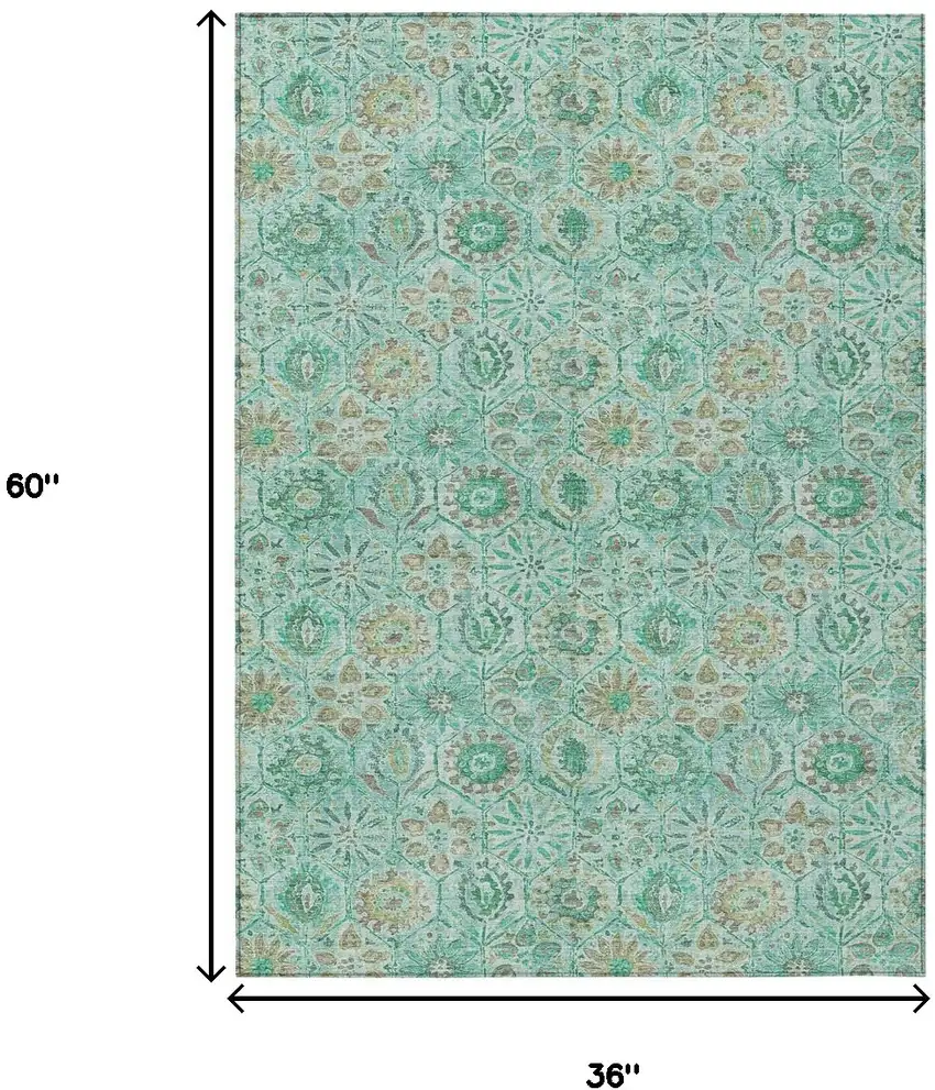 Aqua And Beige Floral Washable Indoor Outdoor Area Rug Photo 9