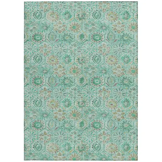 Aqua And Beige Floral Washable Indoor Outdoor Area Rug Photo 3