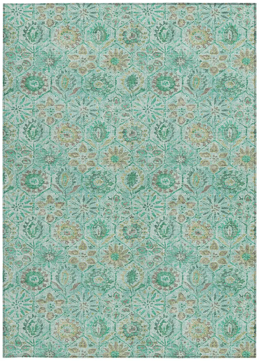 Aqua And Beige Floral Washable Indoor Outdoor Area Rug Photo 3