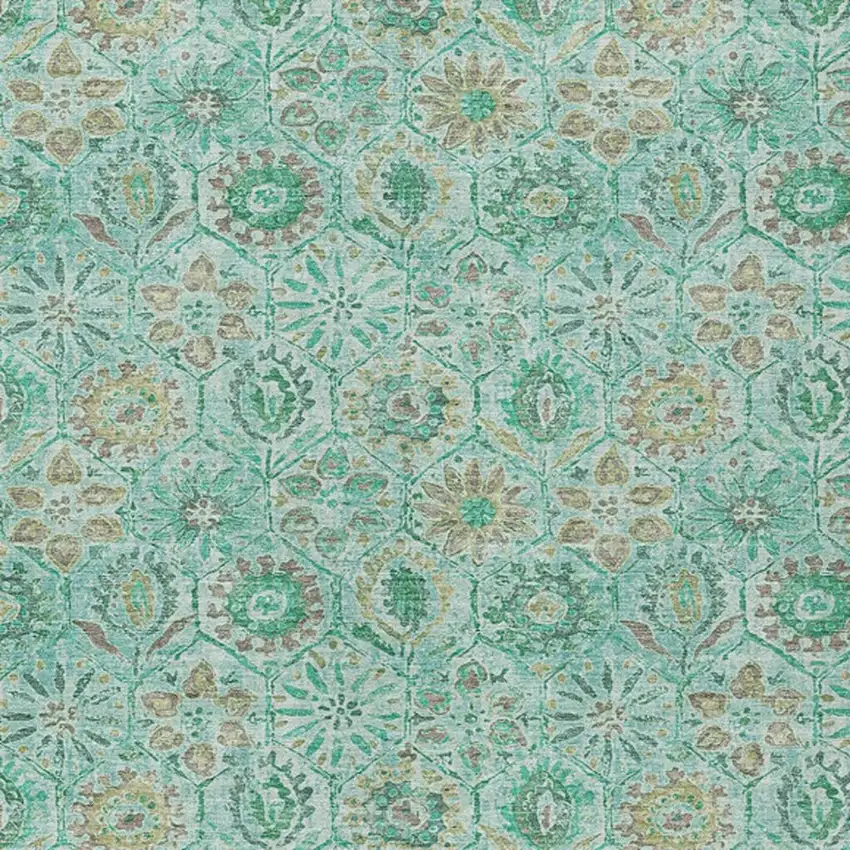 Aqua And Beige Floral Washable Indoor Outdoor Area Rug Photo 4