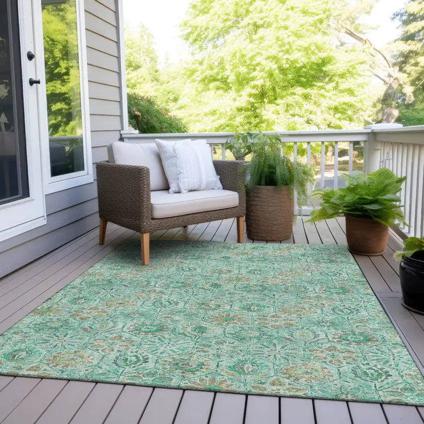 Aqua And Beige Floral Washable Indoor Outdoor Area Rug Photo 8