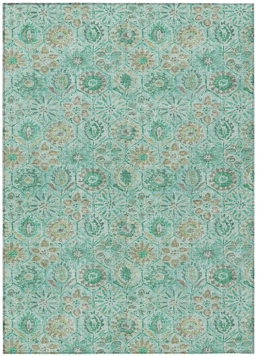 Aqua And Beige Floral Washable Indoor Outdoor Area Rug Photo 1
