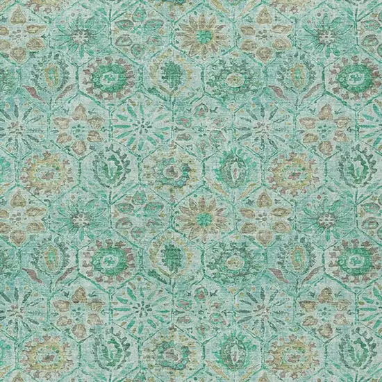 Aqua And Beige Floral Washable Indoor Outdoor Area Rug Photo 3