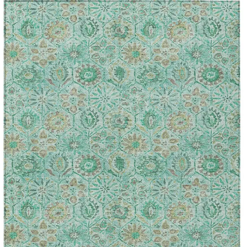 Aqua And Beige Floral Washable Indoor Outdoor Area Rug Photo 4
