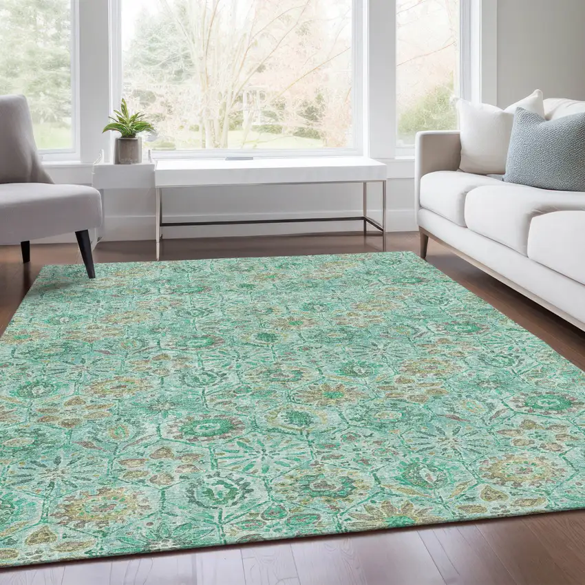 Aqua And Beige Floral Washable Indoor Outdoor Area Rug Photo 7