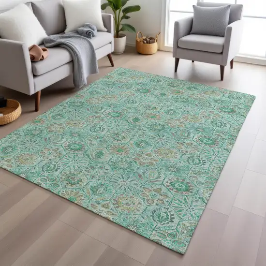 Aqua And Beige Floral Washable Indoor Outdoor Area Rug Photo 6